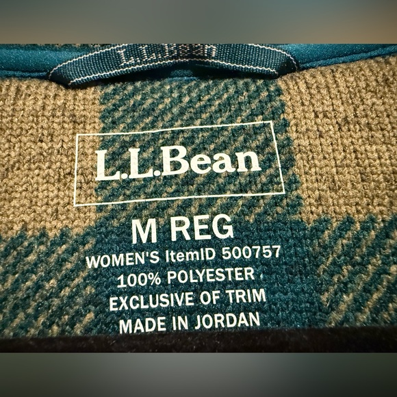 L.L.Bean green tan Buffalo Check Sweater Fleece Pullover Snap Collar - Picture 5 of 6
